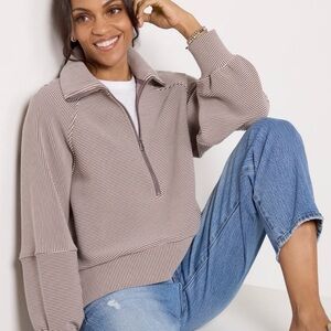 Varley Milano Half Zip Sweatshirt Brown Stripe Size M